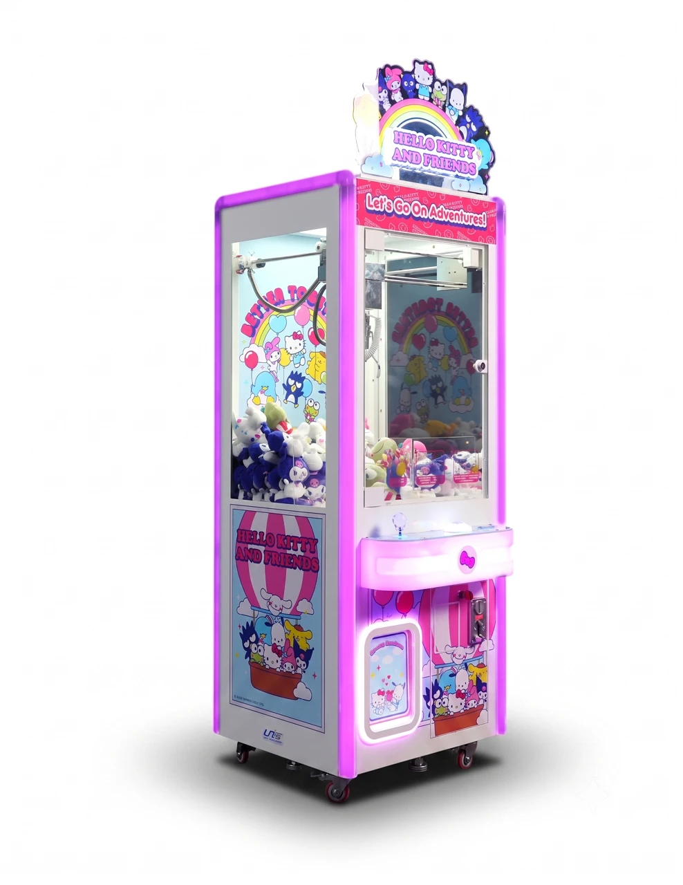 Hello Kitty and Friends 24′′ Crane — pink claw cabinet with a glazed prize enclosure