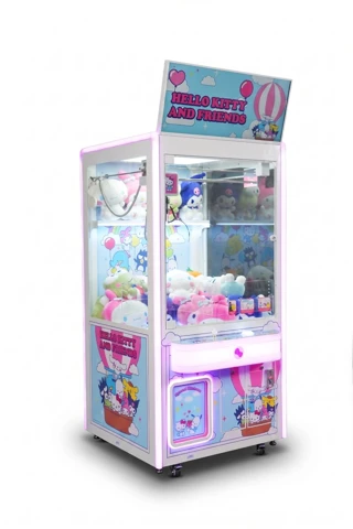 Hello Kitty and Friends 40′′ LCD Crane — tall prize cabinet with pink panels and a glazed upper section