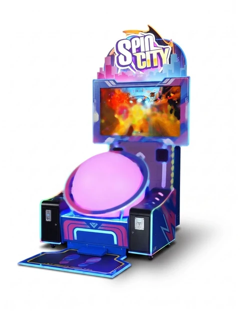 Spin City Single — circular illuminated arcade cabinet with a low seat